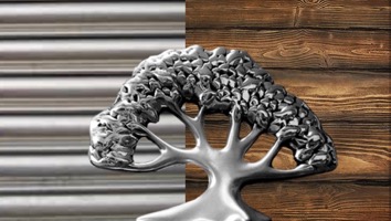 aluminum tree with wood on one side of the background and rows of steel on the other side