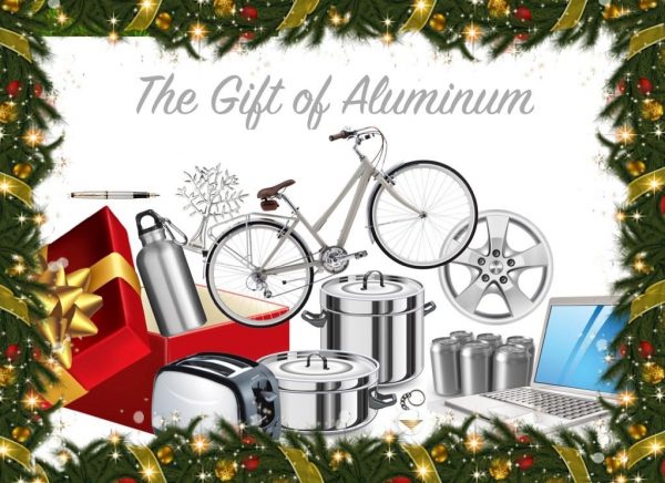Christmas postcard showing various aluminum products such as a computer, bicycle, and toaster. Reads: the gift of aluminum.