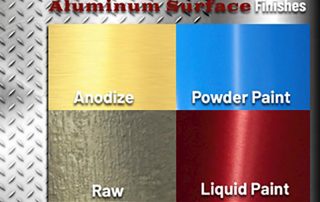 Chart of aluminum surface finishes including anodized, powder paint, raw and liquid paint
