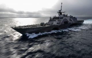 USS Freedom, a littoral combat ship which utilizes aluminum construction of the deck and superstructure. One of the competing designs for the FFG(X) program.