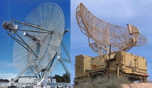 Two images side-by-side, on left: long-range radar antenna used to track space objects and ballistic missiles. On right: A military radar antenna which rotates steadily, used for aircraft detection.