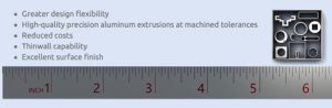 A measuring ruler showing 6.5 inches with a series of micro extrusion shape renderings encapsulated in a 1” square box alongside 5 bullets of text explaining "Greater design flexibility, high-quality precision aluminum extrusions at machined tolerances, reduced costs, thin wall capability, and excellent surface finish."