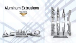 A graphic with four square sections placed on top of a gradient steel beam background in varying shades of greyish blue hues. There are two collections of aluminum extrusion shape renderings; and the upper left reads “Aluminum Extrusions” with the official Taber logo prominently situated below.