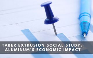A photograph of a piece of paper, a dark blue pushpin is affixed at the top of a bar graph alongside a blue pen below which are the words “Taber Extrusion Social Study: Aluminum’s Economic Impact.”