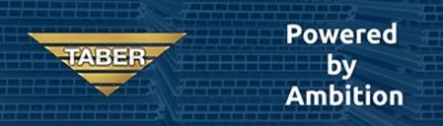 A graphic featuring the Taber inverted gold triangle logo and the words “Powered by Ambition” atop a background of aluminum decking profiles with a dark blue hue for a wallpaper effect.