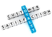 Horizontal white and black letter blocks with the terms “customer” above “satisfaction,” vertical blue and white letter blocks with the term “loyalty.)