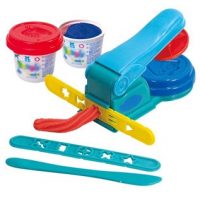 A picture of a child’s generic plastic playdough-style extruder squishing out a red textured noodle-like log (or “billet”) of modeling clay next to 2 containers filled with blue and red “dough.”