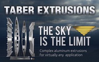 A billboard-style, graphic presentation featuring various-sizes of rendered aluminum extrusions, with the words “Taber Extrusions, The Sky is The Limit” in large bold silver lettering and a caption that reads, “complex aluminum extrusions for virtually any application,” an inverted gold triangle logo next to the word “Sky” has a background of mountains behind it all.