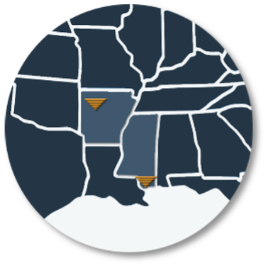 A circular graphic map showing the southeastern states of the United States in two shades of blue with broad white lines marking the borders and two inverse pyramids made up of yellow bars, the logo for Taber, marking the sites of Taber’s manufacturing plants located in Arkansas and Mississippi.