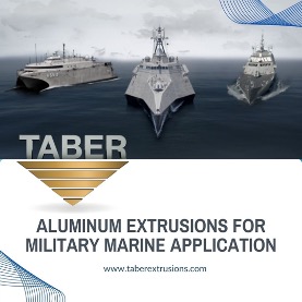 A graphic depiction of three different military ships at sea with Taber Extrusions’ inverted gold triangle logo on the lower left corner, the words, “Aluminum Extrusions for Military Marine Application” and Taber’s website address are centered at the bottom of the image: www.taberextrusions.com.
