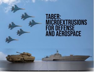 6 military jets flying across a blue sky above two military vehicles (tank and a ship) facing away from each other. The words “Taber: Microextrusions for Defense and Aerospace” are in black above the ship.
