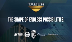 The words Taber with logo beneath in upper center. The Shape of Endless Possibilities in all caps in white lettering centered. Several smaller company logos lower center. Subtle, indistinct images in the dark blue background.