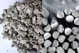 Side-by-side image of aluminum in two different forms; one in small chalky-looking grey chunks, and the other in shiny straw-sized solid shiny rods.