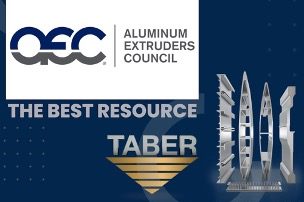 The AEC lowercase letters logo with blue on top and grey at the bottom next to “Aluminum Extruders Council” in grey text all inside a white box at the top of the dark blue graphic above the words “the best resource.” Taber’s logo with an inverted, striped gold triangle is at the bottom next to some small vertical extrusion examples.