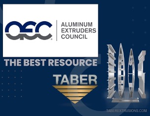 The AEC lowercase letters logo with blue on top and grey at the bottom next to “Aluminum Extruders Council” in grey text all inside a white box at the top of the dark blue graphic above the words “the best resource.” Taber’s logo with an inverted, striped gold triangle is at the bottom next to some small vertical extrusion examples.