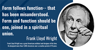 A black and white oval-framed portrait of the great American architect and designer, Frank Lloyd Wright. In line with the portrait, written in bold white font on a blue background is a quote from the late architect, “Form follows function—that has been misunderstood. Form and function should be one, joined in a spiritual union.”