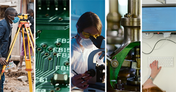 Pentaptych image showing the modern ways of how aluminum extrusion is created and used. First left image shows an engineering surveyor working with surveying equipment. Next is a close-up of a circuit board used in modern electronics. Third is a scientist looking through a telescope wearing a white lab gown and mask. Fourth image is a green metal press in a factory demonstrating how materials are processed in a production line. Last photo shows a desktop computer from above with a hand at a keyboard showcasing how aluminum extrusion is designed.