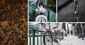Collage showing the advantages of aluminum extrusion. First photo shows a sheet of metal material covered in rust and deteriorating. Beside it is a photo of a bicycle parked on a sidewalk covered with thick white snow. Above it is a photo of a small scale with blocks of sugar weighing in at ¼ grams. Lastly, a hanging metal chain with links symbolizing strength.