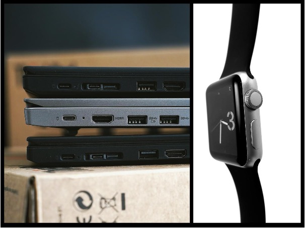 A collage of two photos. The one on the left has a stack of 3 laptops laid on top of one another. The photo on the right is a square smartwatch with an aluminum casing showing the time and a black wristband.