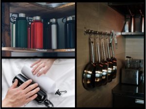 A collage of three photos. On the upper left corner is a row of colorful metal water bottles on a shelf. At the bottom left corner is two hands reaching to grab two water bottles colored black and white on their sides on a white sheet. And the photo on the right shows aluminum pans in a row hanging on hooks on a wall of a kitchen.
