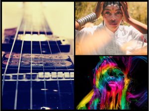 A collage of three photos. On the left is a guitar laid down with a focus on the bridge and strings. On the upper right is a portrait of a person, both hands holding the jewelry on their head and wearing a large aluminum bracelet on one arm. The third photo in the lower right corner is a portrait of a person on the dark background with headphones. The image is created with lines of vibrant neon colors signifying music and art.