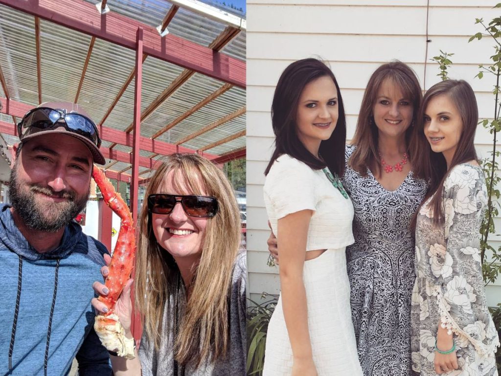 Side-by-side image of Taber Extrusions' In Focus Spotlight Aundrea Clayton with husband on the left and with daughters on the right.