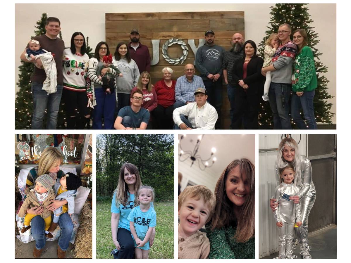 Collage with Taber Extrusions' In Focus Spotlight Aundrea Clayton: top image with extended family, four images below with Aundrea and children.