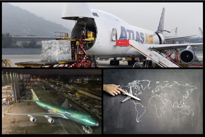 The image shows three colored photos. On the top half of the image is a photo of Atlas Air’s cargo plane with the nose of the plane open showing cargo. On the lower right is a line drawing of the world’s continents in white line on a blackboard background with a hand holding a miniature airplane. On the left is a photo of the last Boeing 747-8 being rolled out of a hangar for delivery to Atlas Air Cargo.