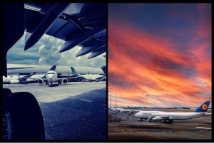 The image shows two colored photos. On the left is a fleet of passenger airplanes parked on an airport runway. On the right is a sunset view of a Lufthansa airplane parked on an airport runway.