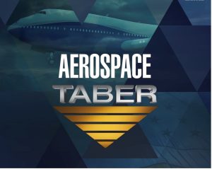 A collage of triangles in various shades of blue, overlying an image of a commercial airplane and the words “AEROSPACE” atop Taber’s gold inverted triangle official logo.
