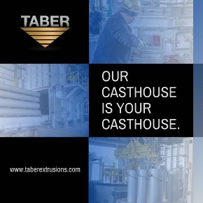 presentation consisting of three black cubes and three images of inside Taber Extrusion’s Gulfport aluminum cast house with a blue gradient overlay. Taber’s oficial logo appears in the upper left, and the middle black box features the words, “OUR CASTHOUSE IS YOUR CASTHOUSE,” and www.taberextrusions.com web address in the lower left corner.