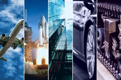 Artistically framed in 5 segments are an airplane soaring in the sky, a NASA space shuttle during launch, a tall glass building with aluminum material as its framework, a black luxury car with aluminum mag wheels, and a robust tank wheel marching forward.