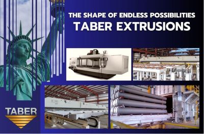 The Statue of Liberty is elegantly framed in the upper left corner, with a friction-stir welding machine, two different views of the aluminum production line, and a stack of aluminum billets ready for production shown in the center. At the top in a white font it reads, “The shape of endless possibilities Taber Extrusions.”