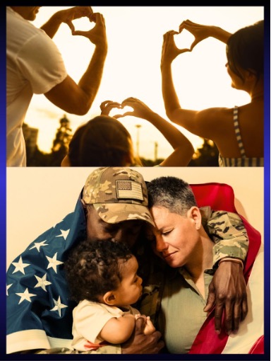 Framed in a gradient blue background are two families. At the top is a family of three, with the dad, mom, and daughter in the middle, holding their hand heart on the sunset sky. And, on the bottom is a military family with dad and mom hugging their son in the middle and the American flag shrouded on them.