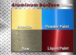 A graphic of the types of aluminum surface finishes: anodize, powder paint, raw, and liquid paint with a traction tread steel plate as the background.