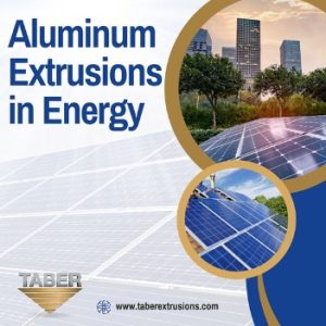 Creative graphic featuring images of aluminum extrusions used in solar energy with the words “Aluminum Extrusions in Energy” in blue font. Official Taber Extrusions logo and www.taberextrusions.com at the bottom.