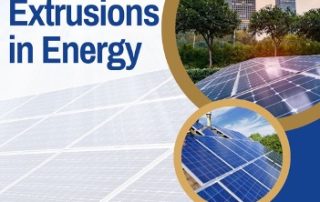 Creative graphic featuring images of aluminum extrusions used in solar energy with the words “Aluminum Extrusions in Energy” in blue font. Official Taber Extrusions logo and www.taberextrusions.com at the bottom.