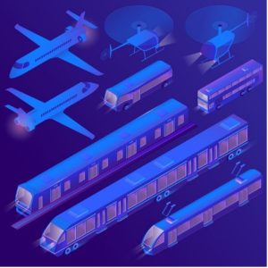 A vector compilation of trains, buses, helicopters, subways, and airplanes in blue tones.