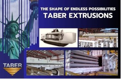 The top of the Statue of Liberty is on the left with the Taber logo below it. The headline to the right of the Statue of Liberty says, “The Shape of Endless Possibilities — Taber Extrusions” above a collage of four images of Taber Extrusions’ equipment and their warehouse.