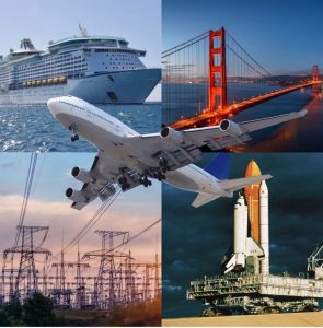 A collage of various modes of transport and infrastructure: the top left shows a large cruise ship on the water, top right features the Golden Gate Bridge illuminated at night, the bottom left displays high-voltage power lines against a dusky sky, and the bottom right depicts a space shuttle on its launch pad during nighttime.