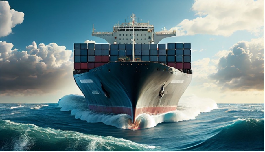 A large cargo ship navigates through the ocean, and the waves are lapping against its hull. The sky above is somewhat clear with big clouds. The scene captures the essence of maritime transport and the vastness of the sea.