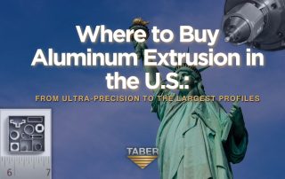 A digitally designed graphic features the Statue of Liberty beneath bold white text reading “Where to Buy Aluminum Extrusion in the U.S.” A subheading in gold references ultra-precision and large profiles, with the Taber logo centered below. Supporting visuals include a precision ruler, extrusion profile icons, and a machining spindle, reinforcing the theme of U.S.-based manufacturing and aluminum extrusion sourcing.