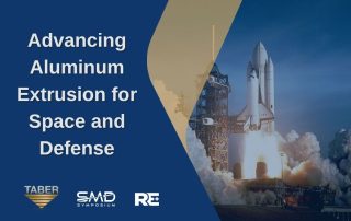 A graphic illustration shows a space shuttle lifting off next to the title ‘Advancing Aluminum Extrusion for Space and Defense,’ accompanied by three logos for Taber, SMD Symposium, and RE+.