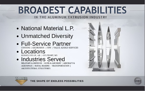 A promotional slide features the NMLP logo and highlights aluminum extrusion capabilities across multiple industries, including aerospace and defense. The layout emphasizes ultra-precision extrusions as part of a full-service offering that includes casting, friction stir welding, and value-added services.