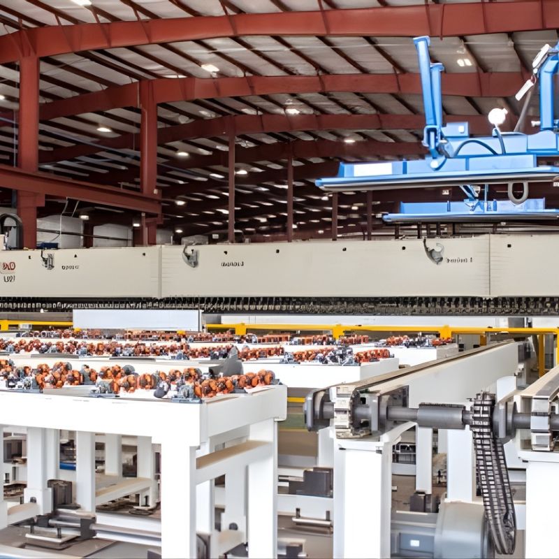 Friction stir welding equipment on an industrial floor processing large aluminum extrusions for defense and marine applications.