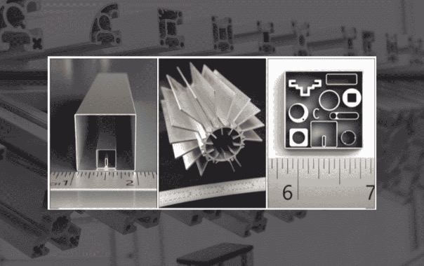 Three aluminum extrusion profiles shown with rulers for scale, highlighting complex hollow, finned, and multi-shape designs achievable with ultra-precision extrusions.