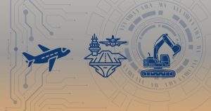 Digital circuitry background with icons of an airplane, naval ship, and excavator representing aerospace, marine, and heavy industrial aluminum extrusion applications.