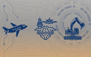 Digital circuitry background with icons of an airplane, naval ship, and excavator representing aerospace, marine, and heavy industrial aluminum extrusion applications.