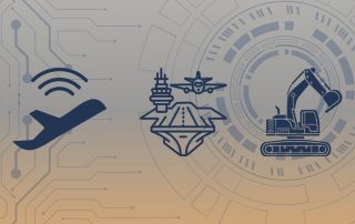 Digital circuitry background with icons of an airplane, naval ship, and excavator representing aerospace, marine, and heavy industrial aluminum extrusion applications.