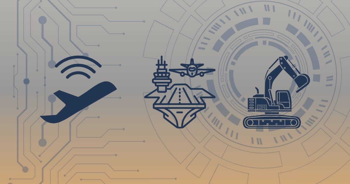 Digital circuitry background with icons of an airplane, naval ship, and excavator representing aerospace, marine, and heavy industrial aluminum extrusion applications.